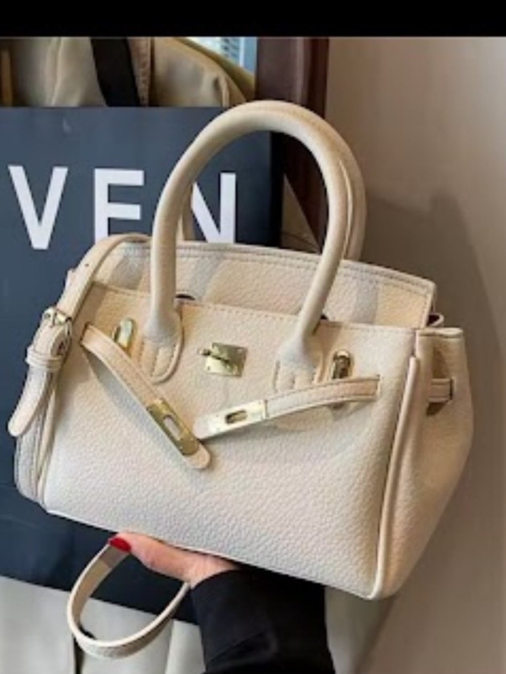 Cream Structured Leather Satchel Handbag